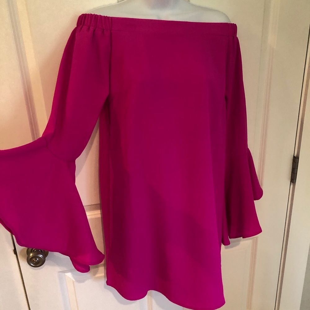 Hot pink, off the shoulder dress
